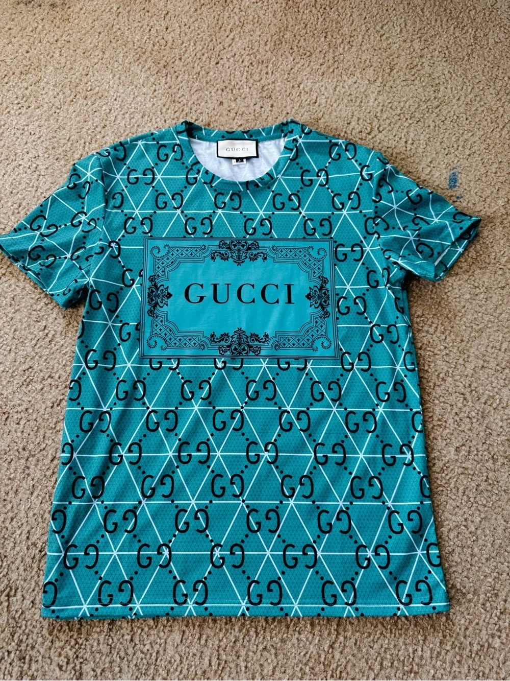 Gucci Teal Blue Allover GG Monogram Short Sleeve Tee